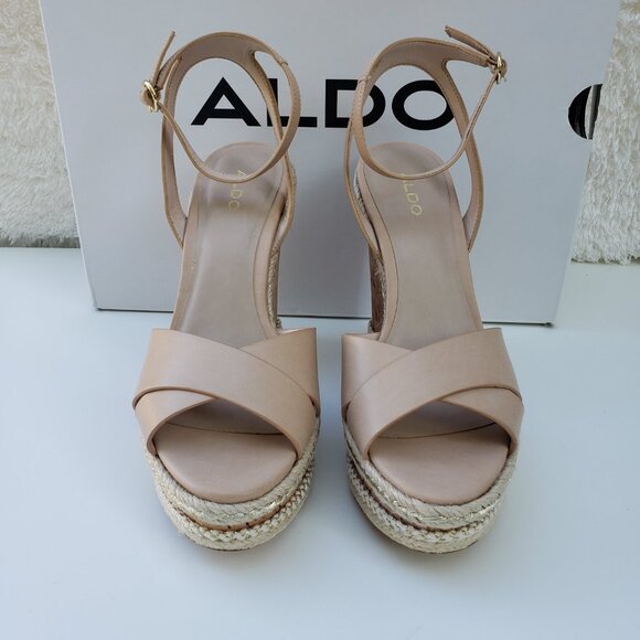 NEW ALDO PLATFORM WEDGE HEELS SANDALS, Leather, Beige, Women's shoes Size 10 - Picture 2 of 11